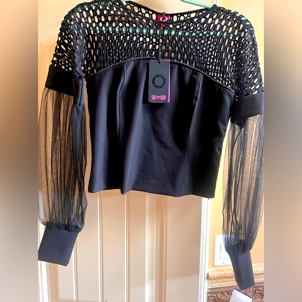 Save The Queen top NWT black sheer sleeve